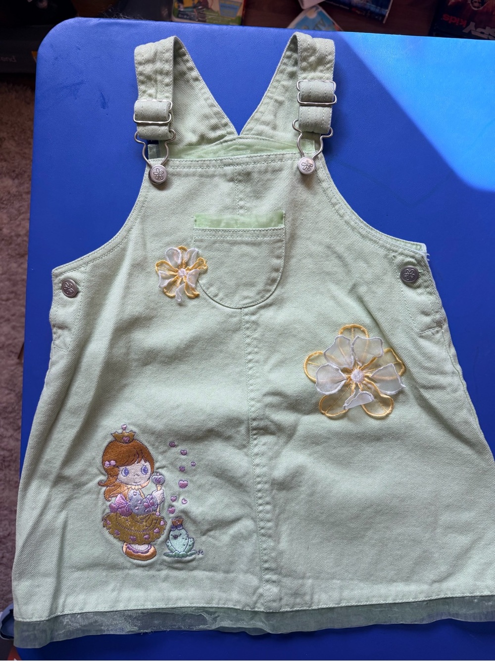 RARE Precious Moments Light Green Floral Embroidered Overalls Dress 3T